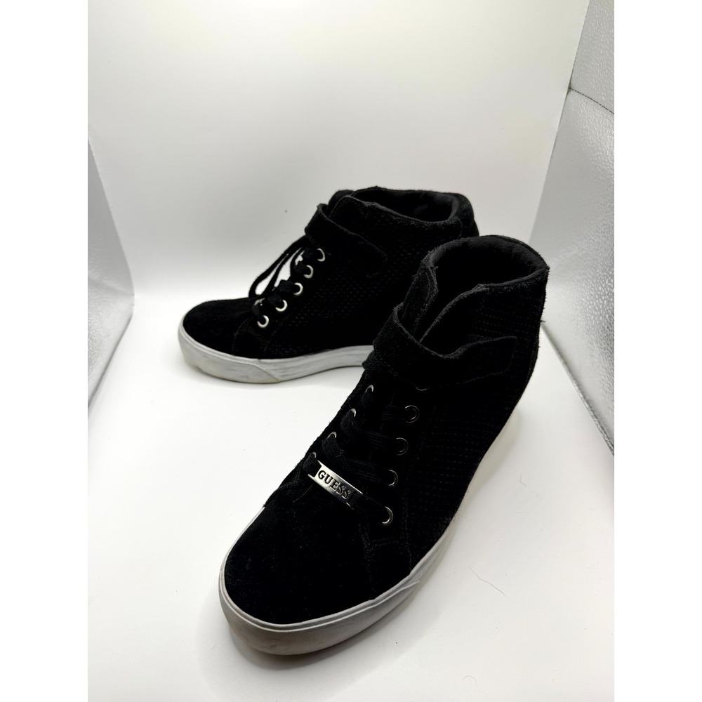 Guess Decia Womens 9.5 M Sneakers Black Leather Lace Up Wedge Fashion Shoes‎